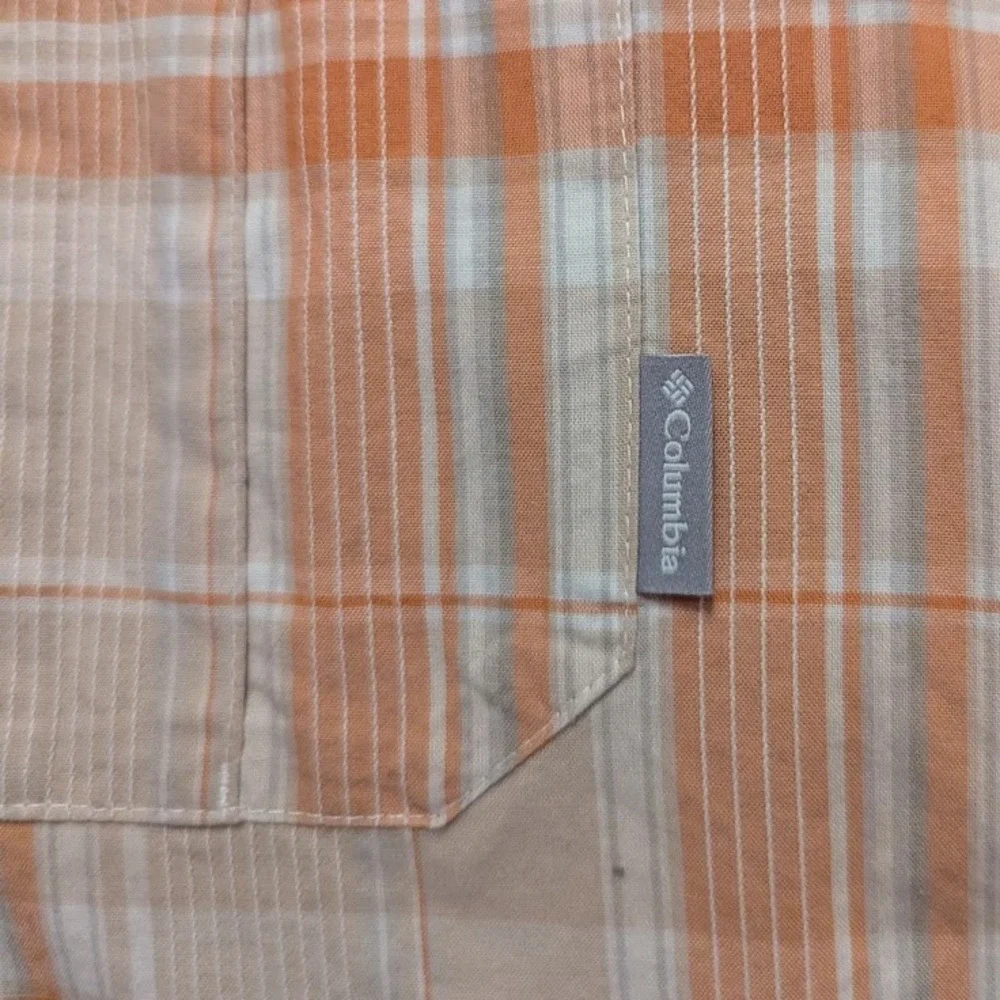 Columbia Button Down Shirt Mens Large Orange‎ Plaid Short Sleeve Cotton